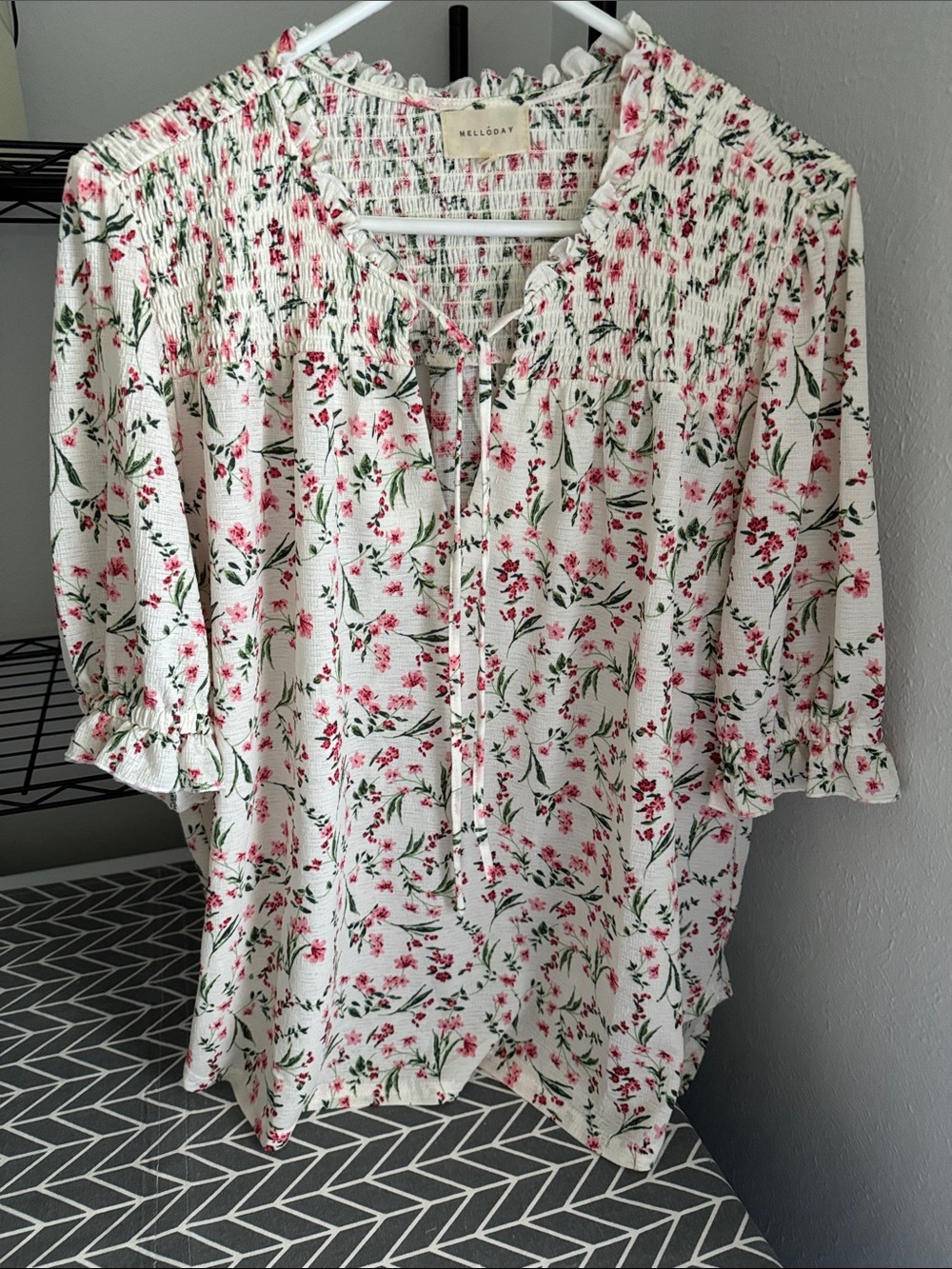 MELLODAY cream Floral Smocked Yoke Peasant Top with Pink Blossoms